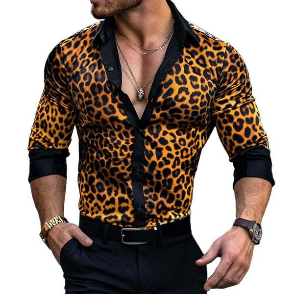 Men's Retro Leopard Color Block Lapel Slim Fit Long Sleeve Shirt 85293478M