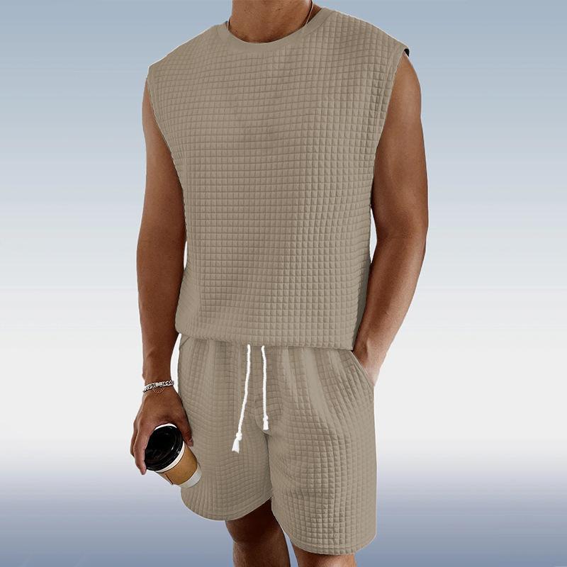 Men's Small Square Textured Sleeveless Tank Top Shorts Casual Set 40973426Z