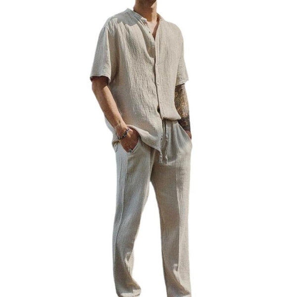 Men's Short-sleeved Shirt and Trousers Solid Color Two-piece Set 84331987X