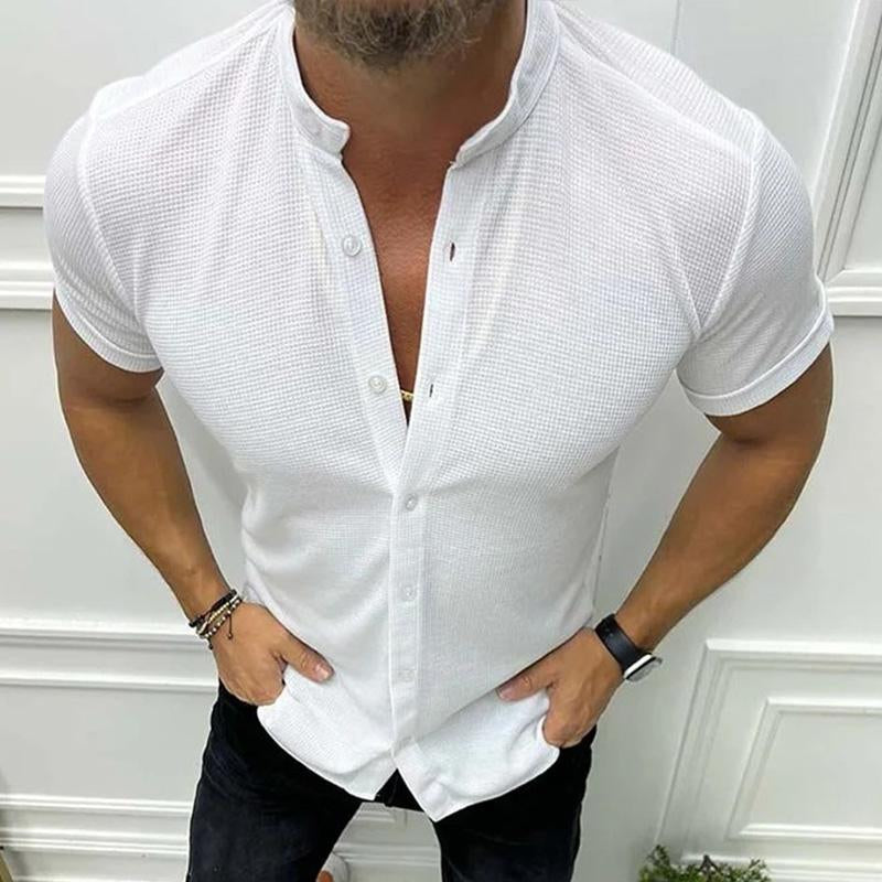 Men's Casual Solid Color Stand Collar Waffle Short Sleeve Shirt 42874660M