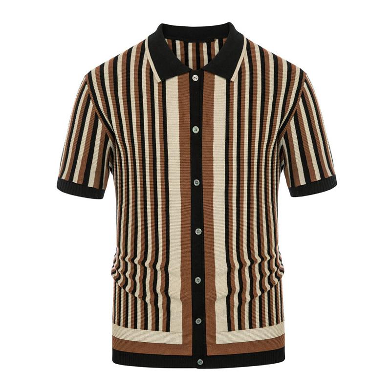 Men's Casual Ice Silk Striped Knitted Lapel Short-Sleeved Cardigan 08944932M