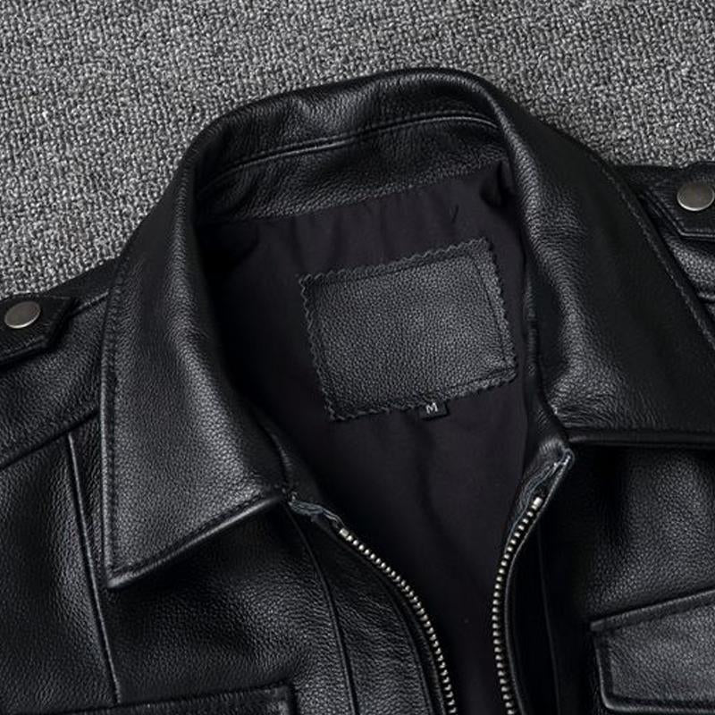 Men's Retro Motorcycle Multi-Pocket Lapel Leather Jacket 41655772Y