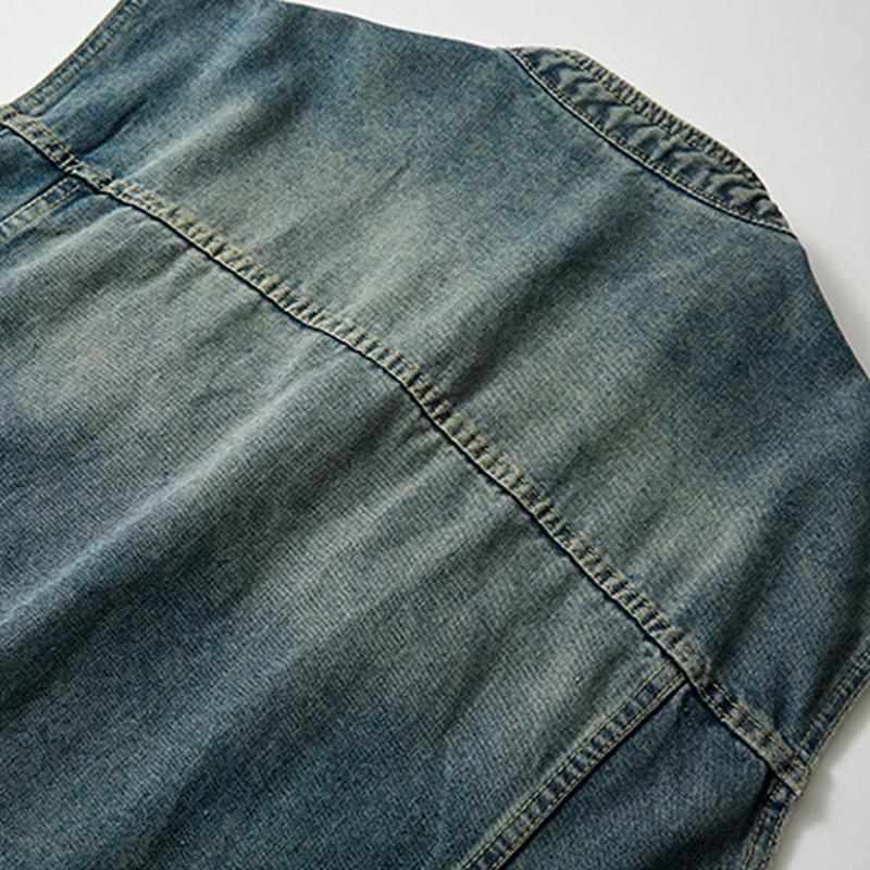 Men's Vintage Washed Stand Collar Multi-pocket Denim Vest 13384626M