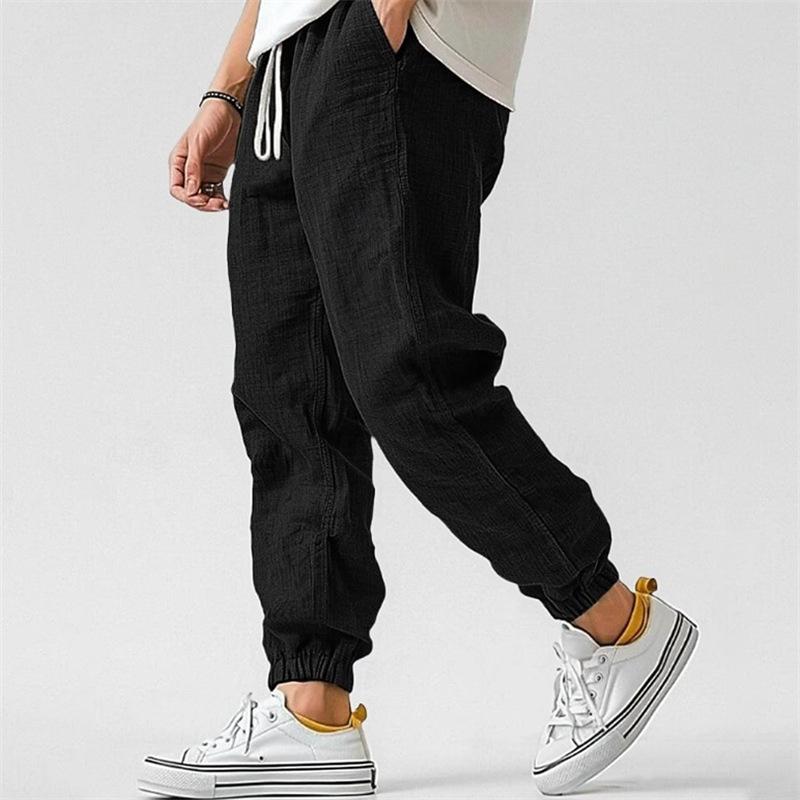 Men's Solid Color Cotton And Linen Elastic Waist Casual Pants 02919946Z