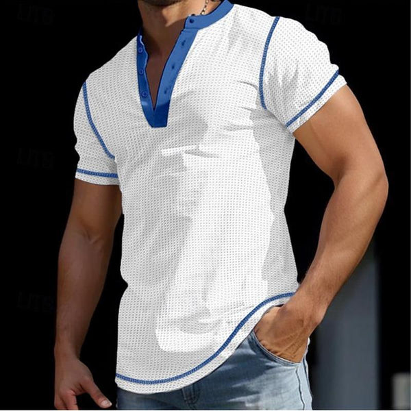 Men's Color Block Henley Neck Short Sleeve T-Shirt 05021048Y