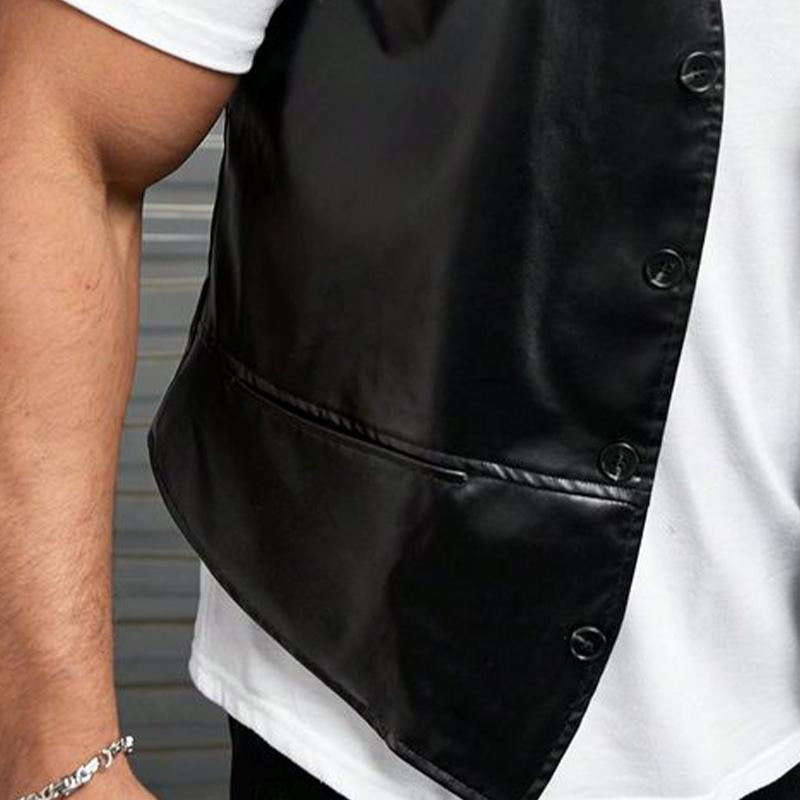 Men's V-neck Shiny Black Leather Vest 78558595U