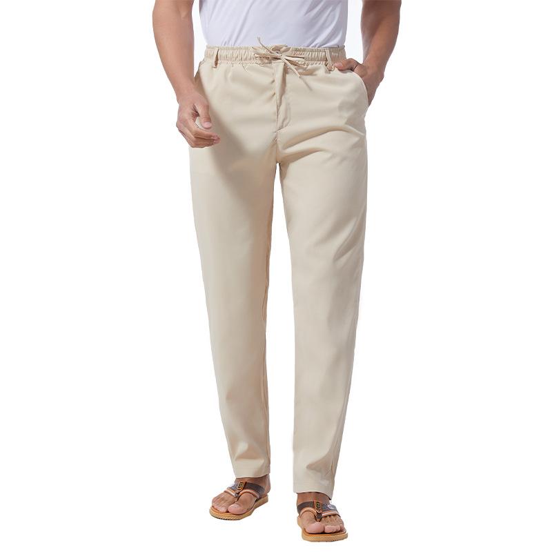Men's Solid Loose Cotton Drawstring Elastic Waist Casual Pants 08994317Z