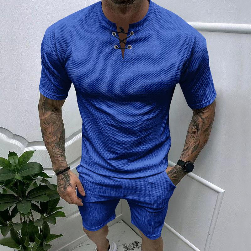 Men's Solid Color Waffle Short Sleeve Shorts Two Piece Set 09361971X