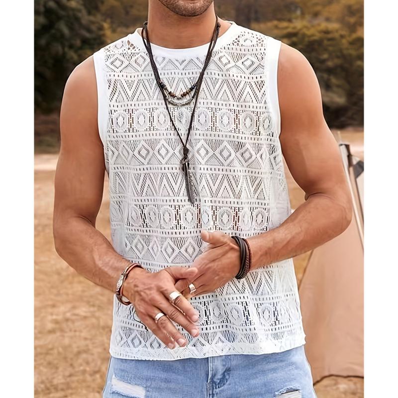 Men's Casual Solid Color Lace Hollowed Out Vacation Tank Top 58943331Y