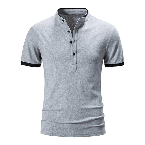 Men's Casual Cotton Blend Color Block Stand Collar Slim Fit Short Sleeve T-Shirt 96299231M