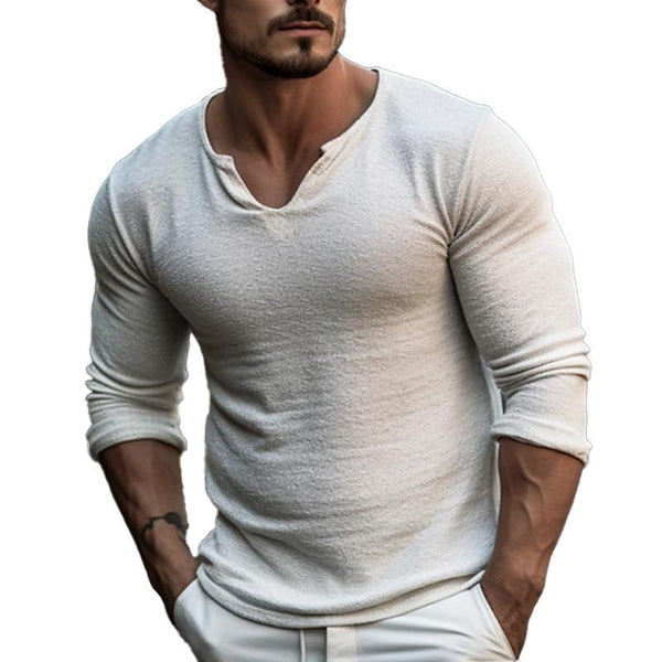 Men's Casual Solid Color V-Neck Long-Sleeved T-Shirt 76026065Y