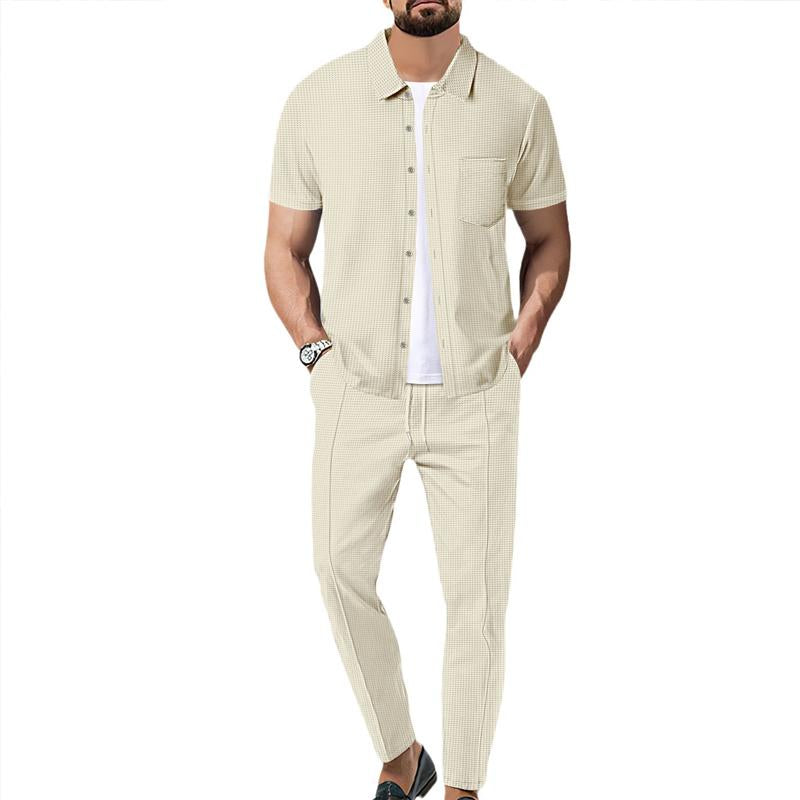 Completo da uomo con camicia e pantaloni a maniche corte in tinta unita a nido d'ape 59383797X