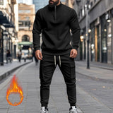 Men's Solid Color Casual Plush Warm Zipper Stand Collar Sweatshirt Sweatpants Set 08038864Y