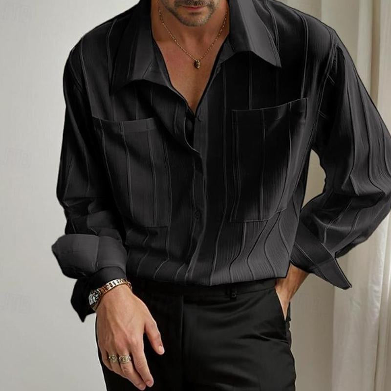 Men's Solid Color Pleated Double Breast Pocket Long Sleeve Shirt 43700371Y