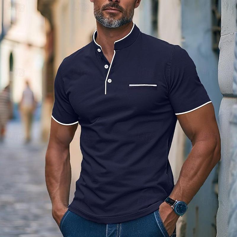 Men's Casual Cotton Blend Contrast Stand Collar Slim Fit Short Sleeve T-Shirt 17576077M