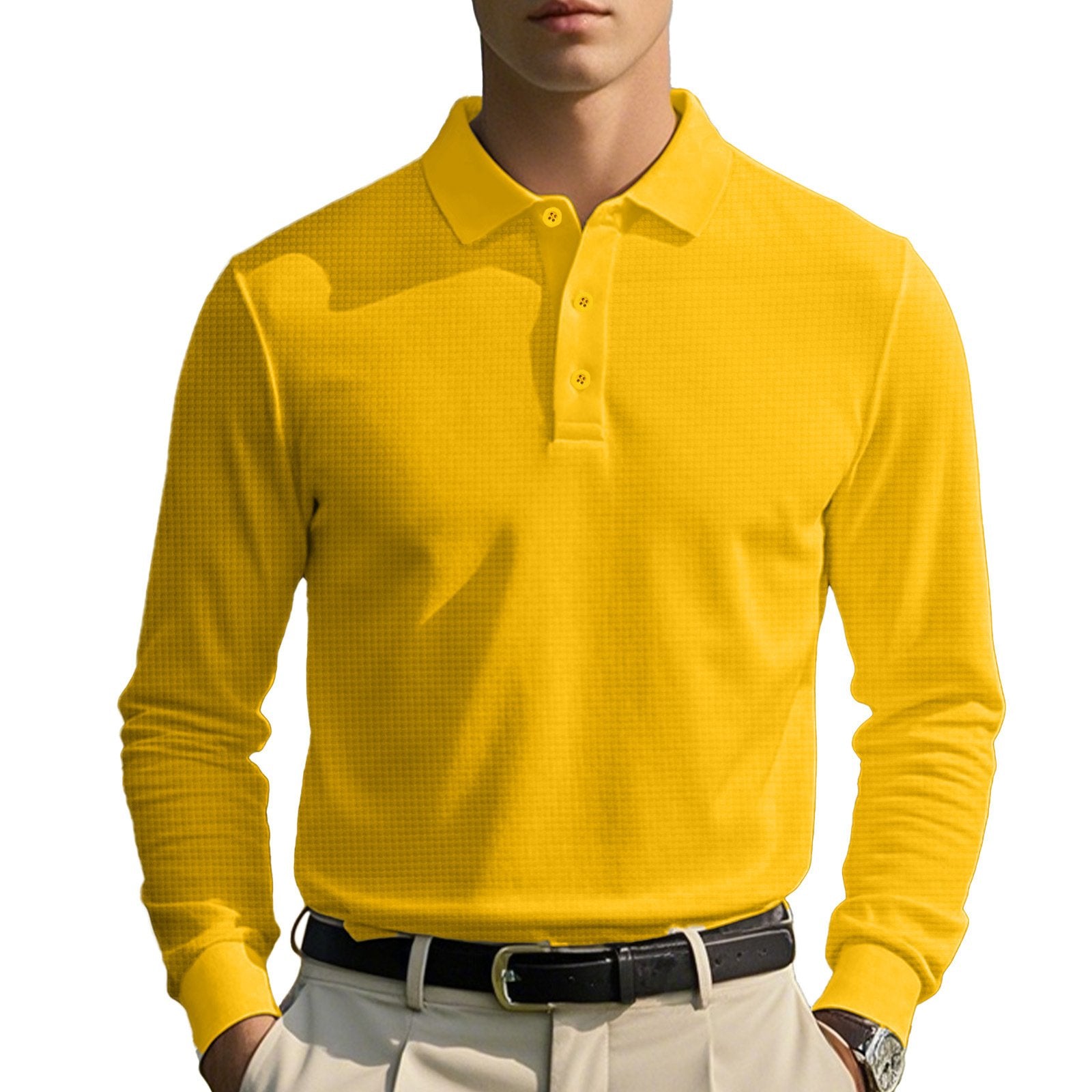 Men's Solid Color Waffle Lapel Long Sleeve Polo Shirt 41139532Z