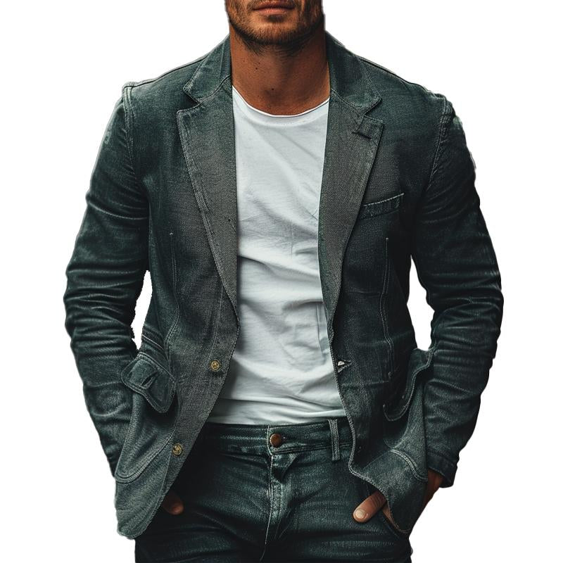 Men's Casual Washed Single-breasted Denim Blazer 15234429X