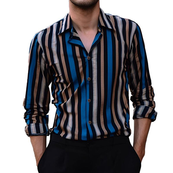 Men's Casual Long Sleeve Striped Printed Shirt 01858922X