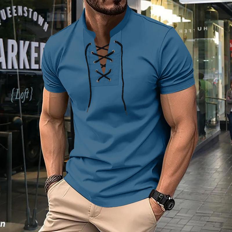 Men's Solid Color Lace-up V Neck Short Sleeve T-shirt 79653773Z