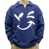 Men's Casual Polo Collar Smiley Print Long Sleeve Pullover Sweater 76317825M