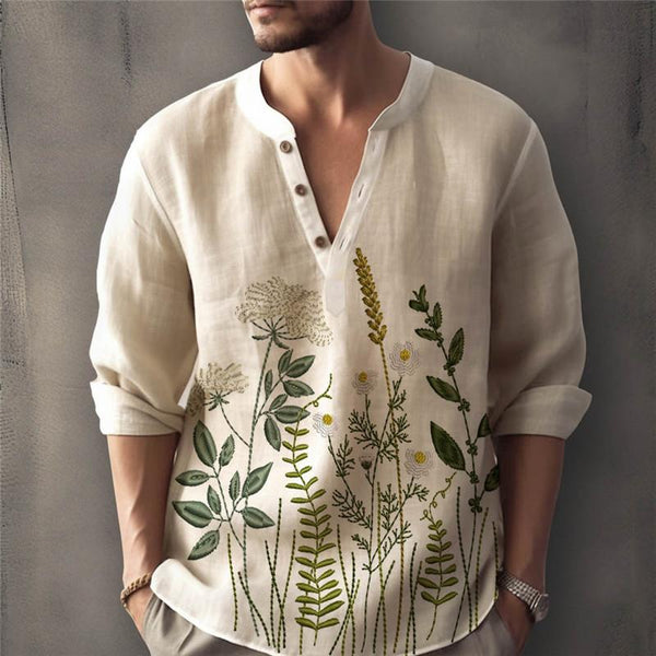Men's Loose Printed Linen Cotton Stand Collar Shirt 55123877X