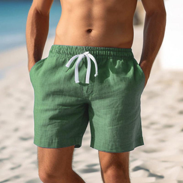 Men's Casual Cotton Linen Drawstring Elastic Waist Breathable Shorts 07747727M