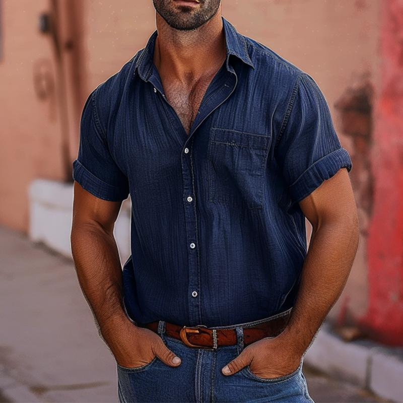 Camicia da uomo vintage con risvolto e tasca a maniche corte 03149621TO