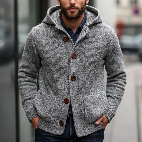 Men's Light Grey Hooded Warm Button Knit Cardigan 02412777U