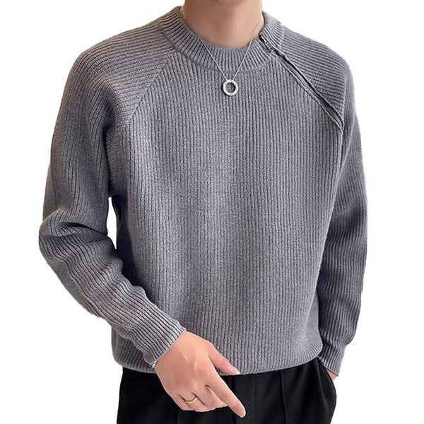 Men's Casual Solid Color Zippered Round Neck Loose Pullover Sweater 53088662M