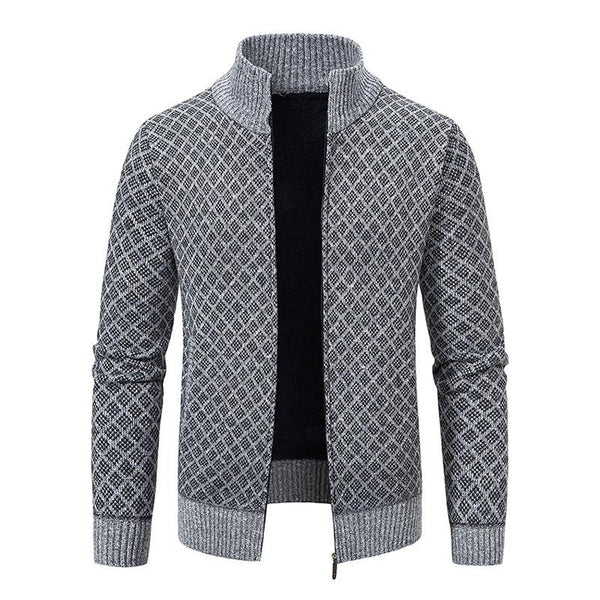 Men's Casual Stand Collar Fleece Warm Zipper Slim Long Sleeve Knitted Cardigan 08725882M