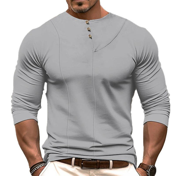 Men's Casual Solid Color Decorative Button Round Neck T-Shirt 65453091Y