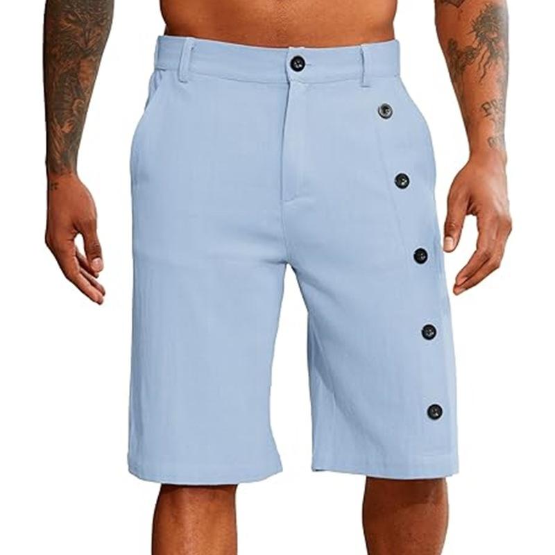 Men's Solid Linen Mid Waist Buttons Decor Casual Shorts 02678532Z