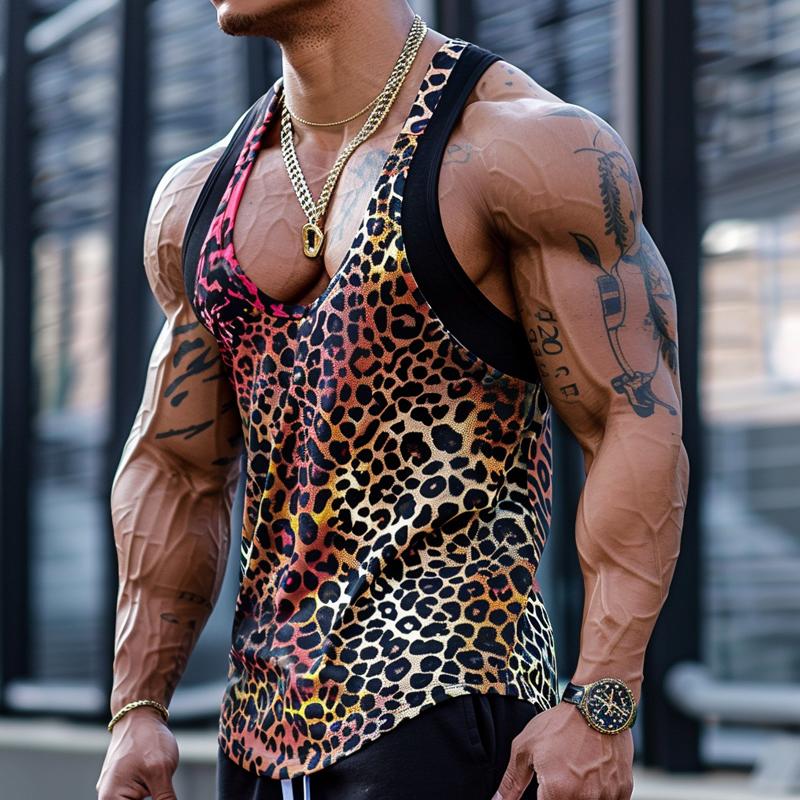 Canotta da uomo sexy con scollo a U e stampa leopardata patchwork 03756297M