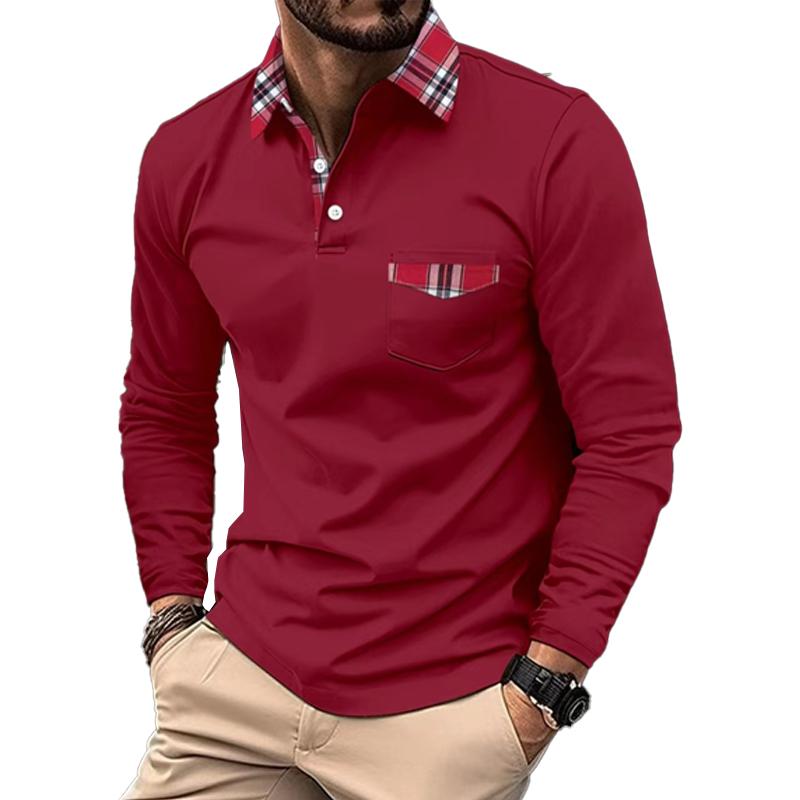 Men's Lapel Plaid Patchwork Long-sleeved Sports Polo Shirt 36877231X