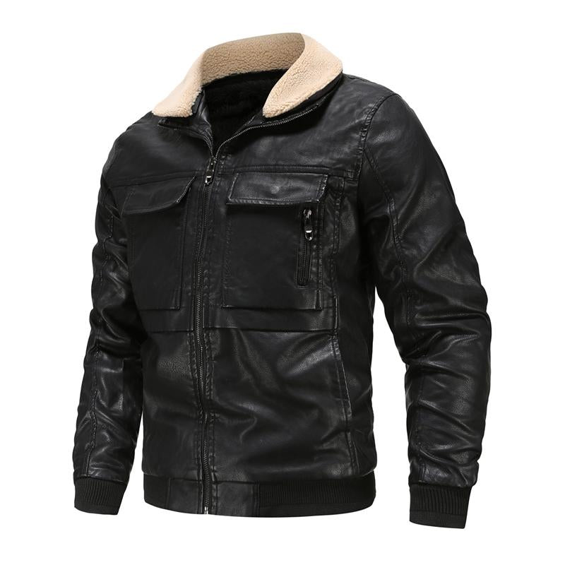 Men's Vintage Solid Color Multi-Pocket Lapel Warm Shearling Jacket 80356567Y