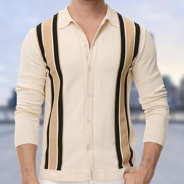 Men's Casual Thin Striped Knitted Long Sleeve Polo Shirt 15870522M