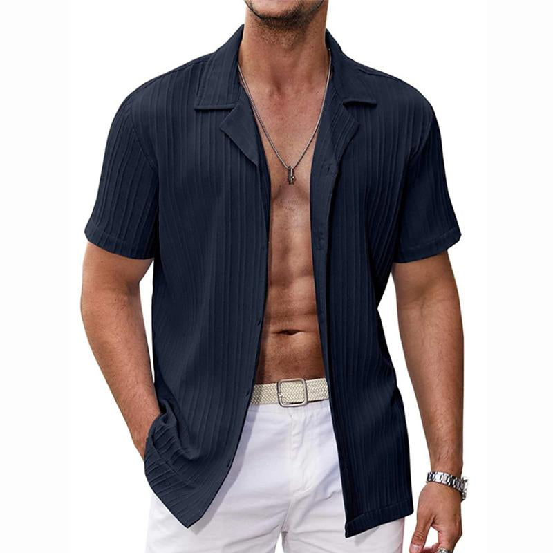 Men's Casual Solid Color Striped Short Sleeve Lapel Shirt 31319945Y