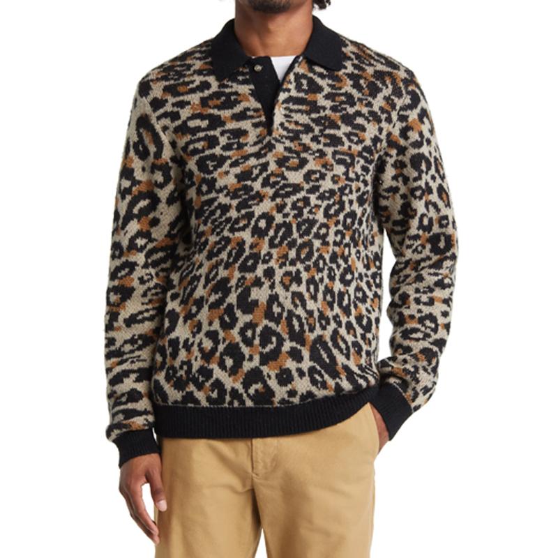Men's Vintage Leopard Button Lapel Long Sleeve Sweater 25412080Y