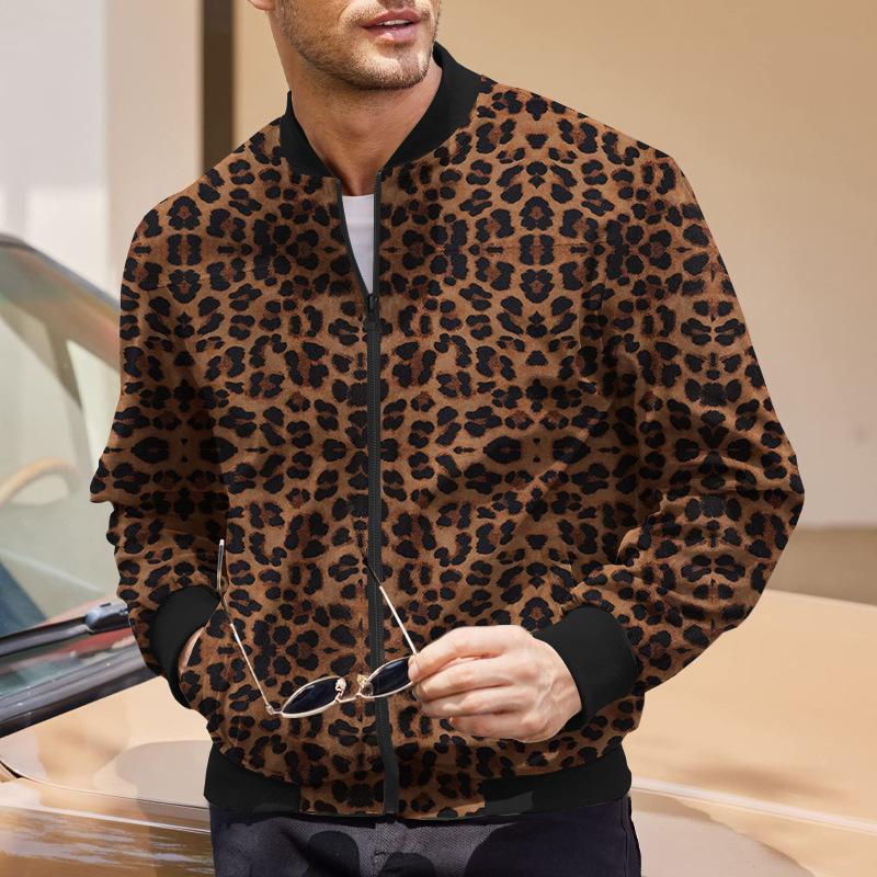 Men's Leopard Stand Collar Long Sleeve Zipper Jacket 00000454Z