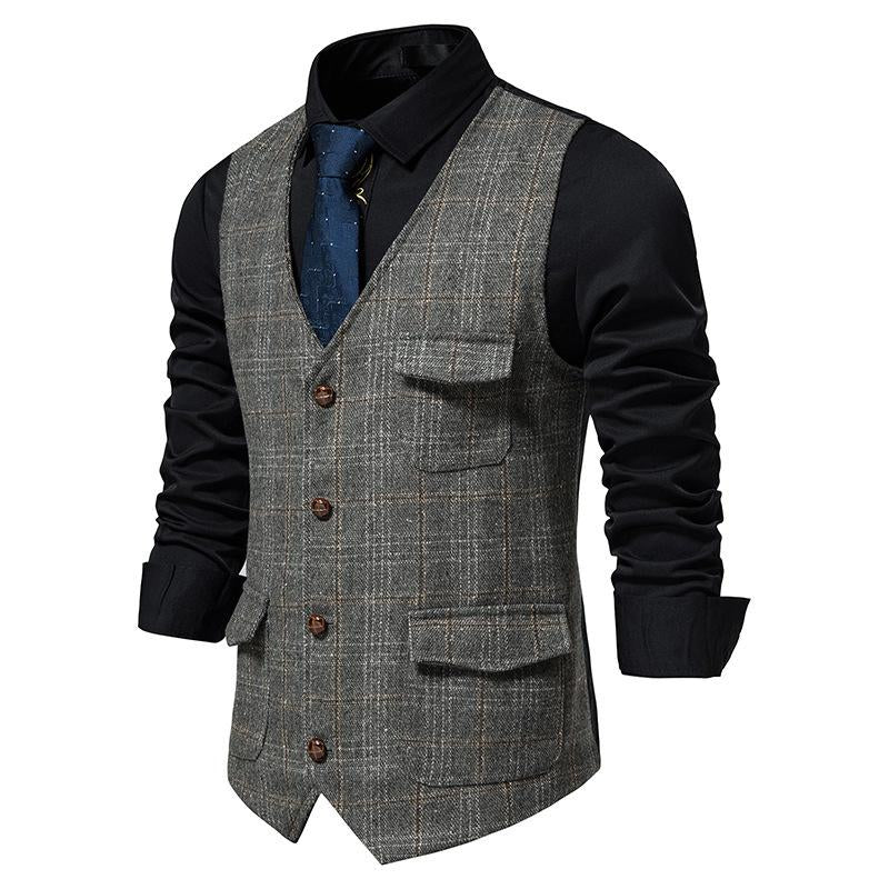 Men's Vintage Check Breast Pocket Collarless Vest 51861612Y