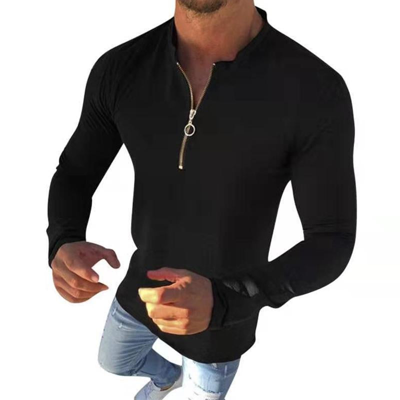 Men's Casual Solid Color Half-Zip Stand Collar Long Sleeve T-Shirt 66998065Y