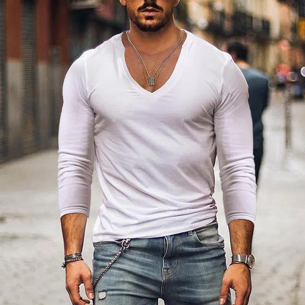 Men's Casual Solid Color V-Neck Long Sleeve T-Shirt 34397224Y