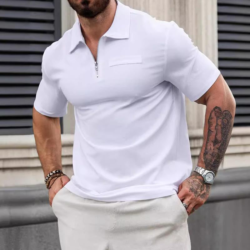 Men's Sports Solid Color Pullover Zipper POLO Shirt 59321590X