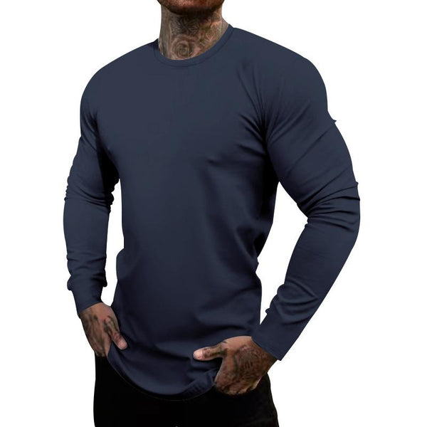 Men's Casual Cotton Blended Solid Color Round Neck Long Sleeve T-Shirt 95264800X