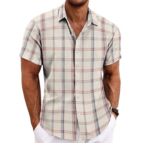 Men's Casual Simple Retro Plaid Lapel Short-sleeved Shirt 93712684TO