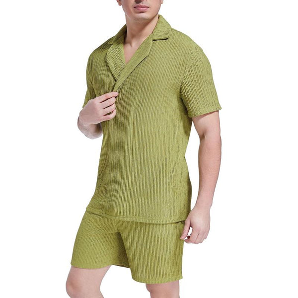 Men's Solid Color Pleated Wavy Loose Casual Two-piece Set 78564762X