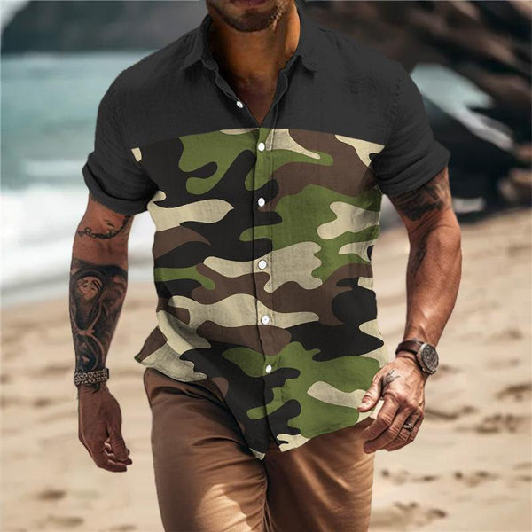 Men's Retro Color Block Camo Lapel Short Sleeve Shirt 55390584TO
