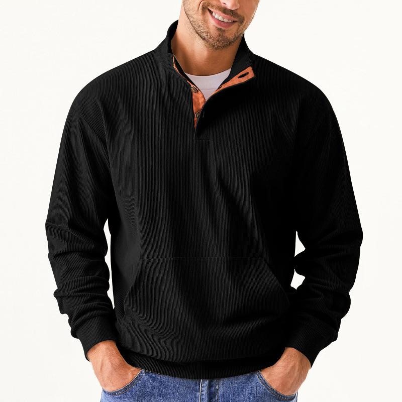 Men's Casual Corduroy Stand Collar Kangaroo Pocket Loose Long Sleeve Sweatshirt 74007115M