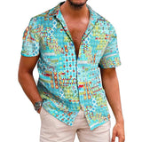 Men's Plaid Stripe Print Short Sleeve Lapel Beach Shirt 01156659X