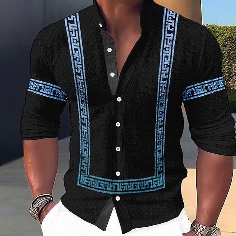 Men's Retro Print Stand Collar Long Sleeve Shirt 75360760X